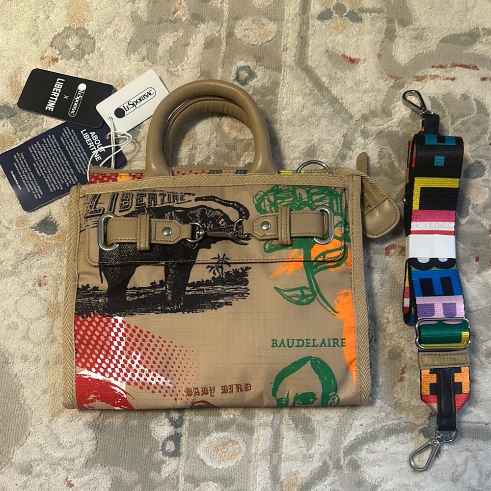 Libertine X Lesportsac silkscreen printBeige Graphic Handbag with Colorful Strap